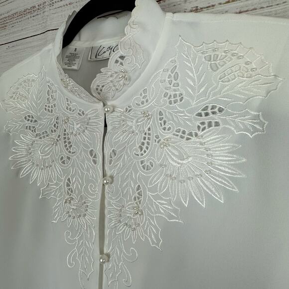 Womens Kathy Che White Victorian Romantic Pearl Button High Neck Satin Blouse 8 - Picture 2 of 7